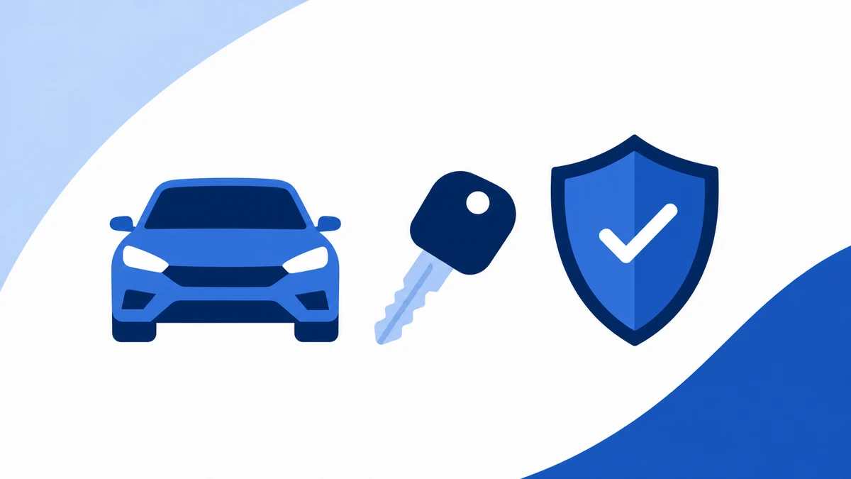 Sinivalkoinen graafinen kuva autosta, avaimesta ja kilvestä autovakuutuksen oppaassa