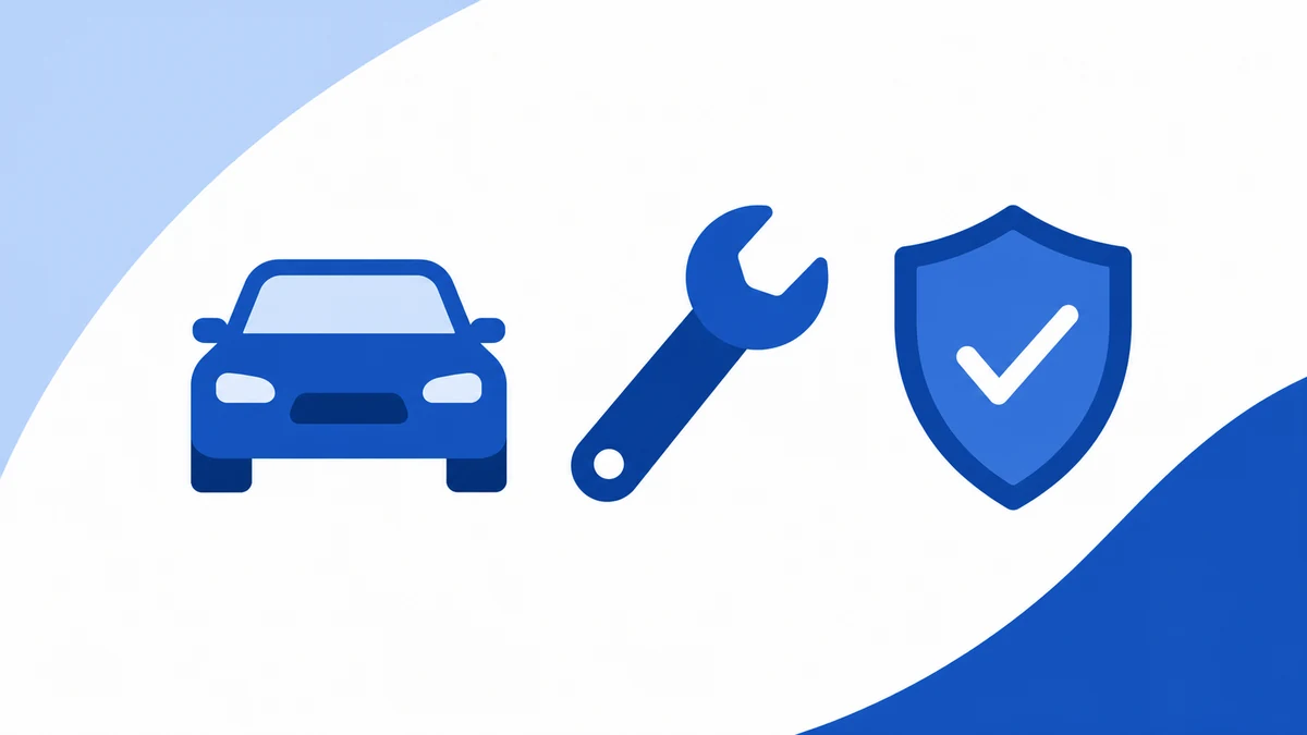 Sinivalkoinen graafinen kuva autosta, työkalusta ja vakuutuskilvestä