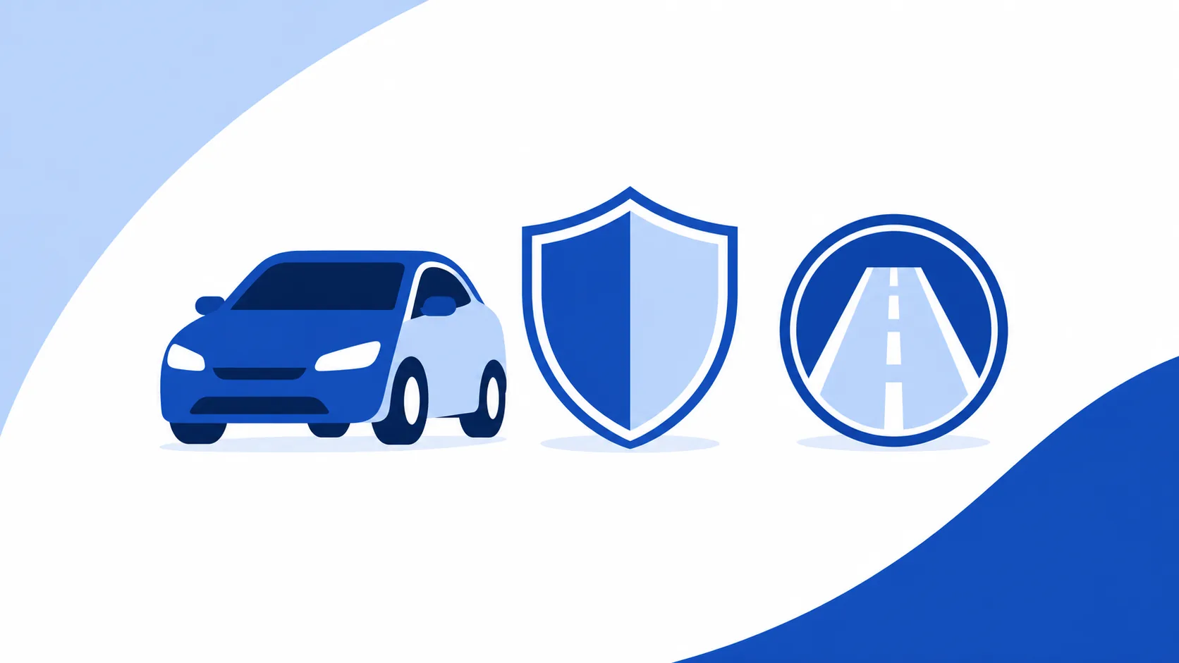 Sinivalkoinen graafinen kuva autosta, suojakilvestä ja tiestä