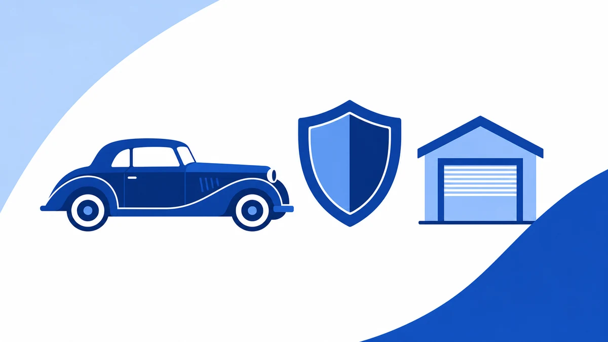 Sinivalkoinen graafinen kuva museoautovakuutuksesta