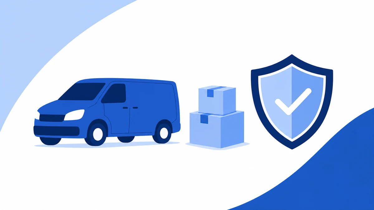 Sinivalkoinen graafinen kuva pakettiautosta, kuljetuslaatikoista ja kilvestä pakettiautovakuutuksen oppaassa