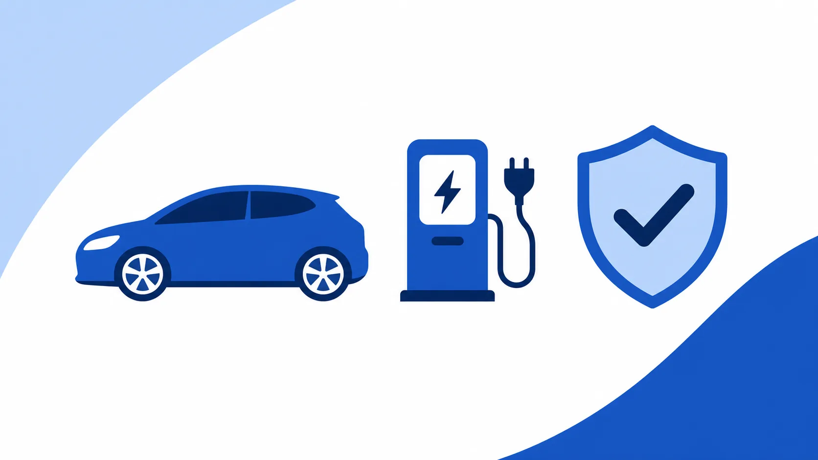 Sinivalkoinen graafinen kuva s&auml;hk&ouml;autosta, latauksesta ja vakuutuskilvest&auml;