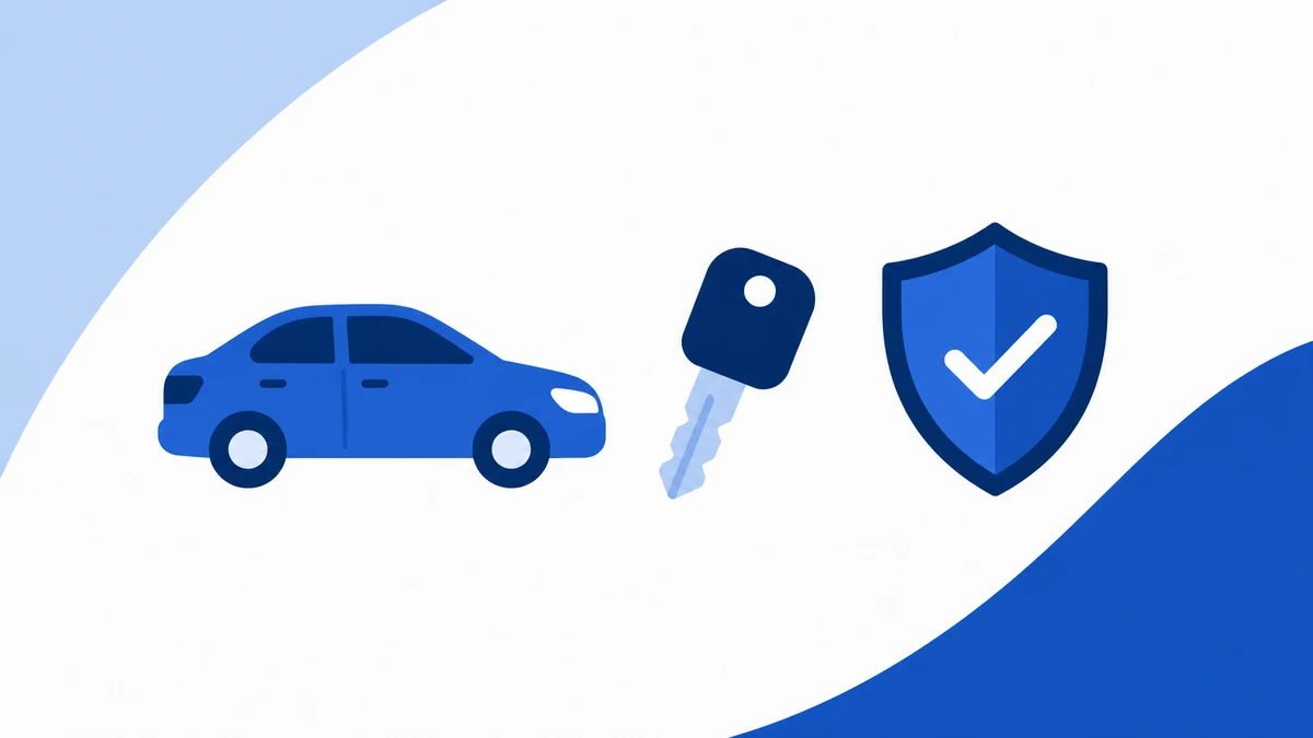 Sinivalkoinen graafinen kuva vuokra-autosta, avaimesta ja vakuutuskilvestä